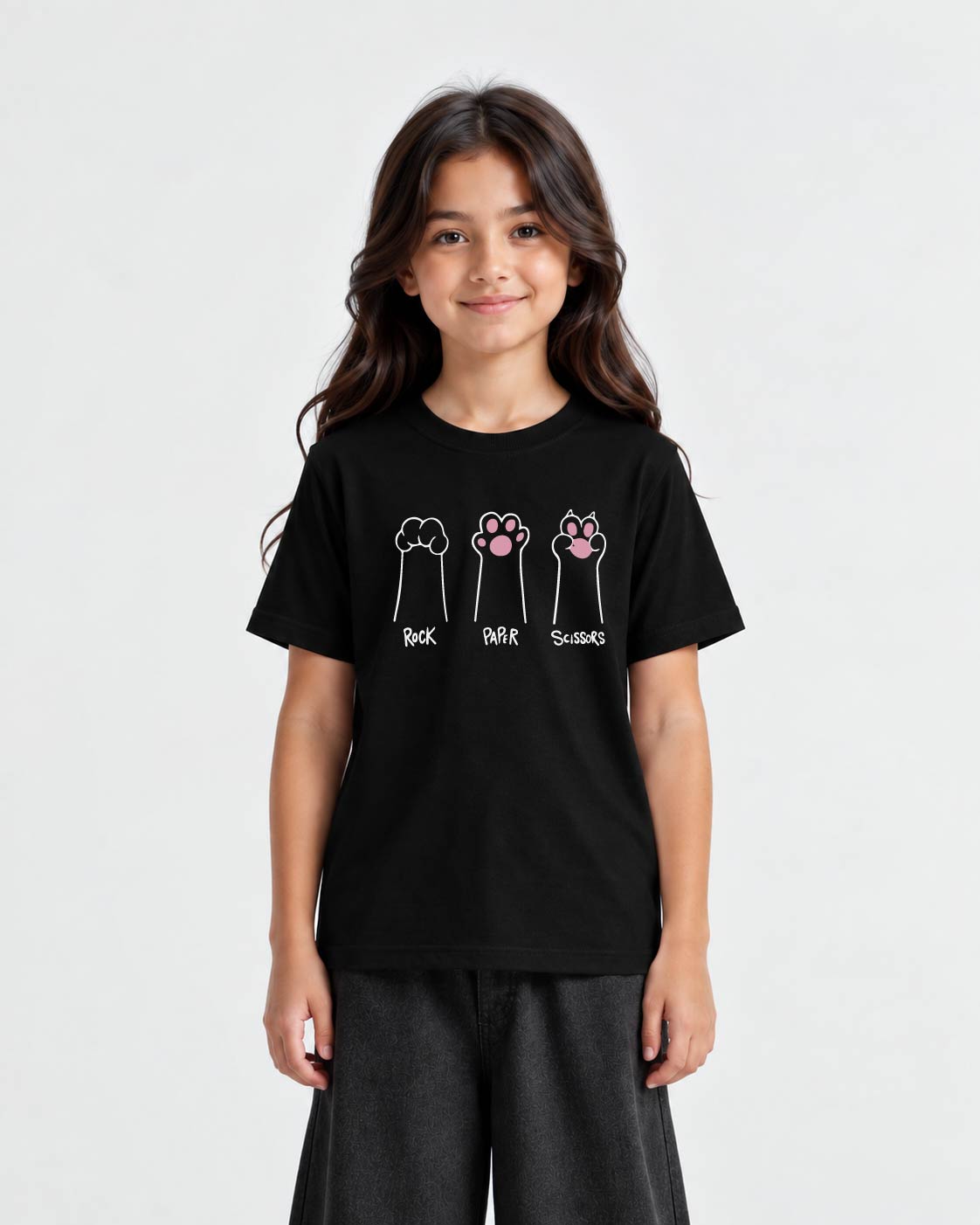 Rock Paper Cat Paw Graphic Girls T-Shirt