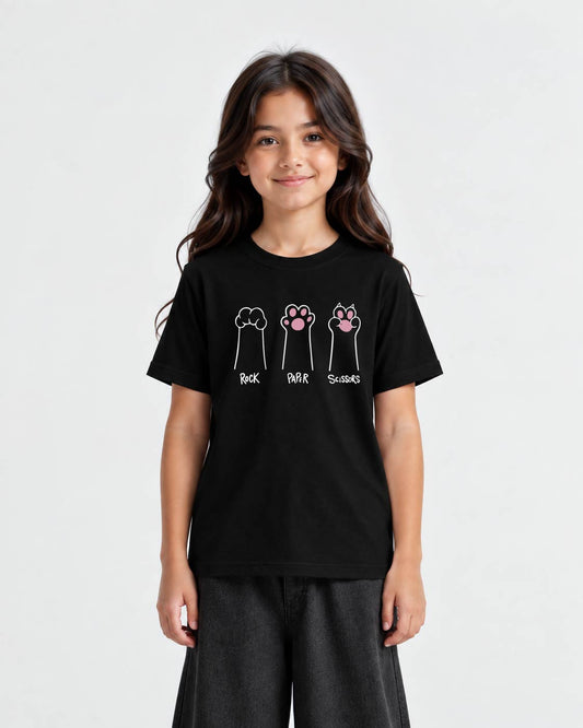 Rock Paper Cat Paw Graphic Girls T-Shirt